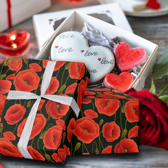 Papier Cadeau Elégant motif floral rouge vert main tiré (#redflowerswrapping #valentine #zazzlemade)
