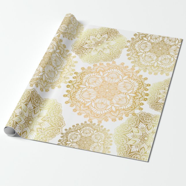 Papier Cadeau Élégant Motif Mandala Or Et Blanc (Déroulé)