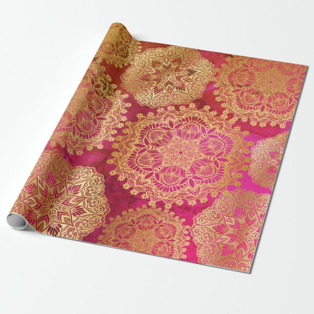 Papier Cadeau Élégant Motif Mandala rouge or (Déroulé)