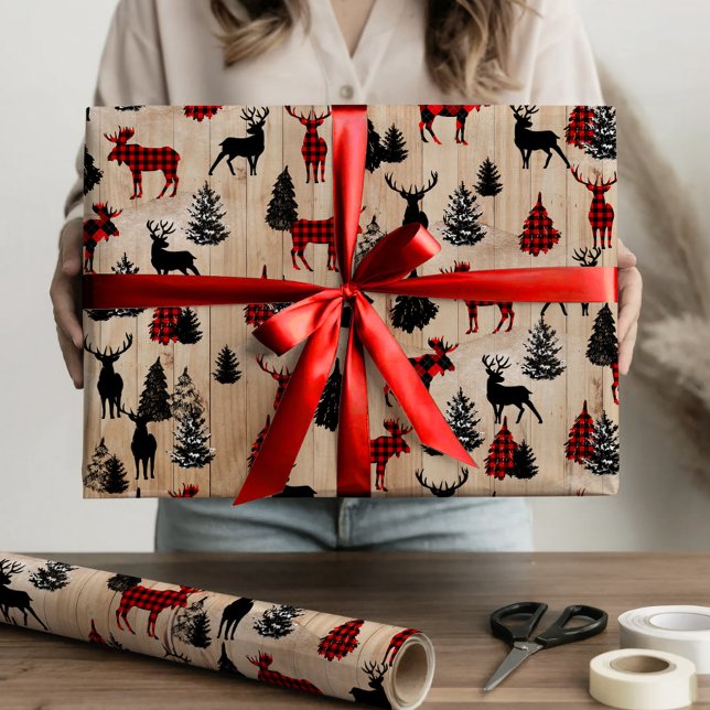 Papier Cadeau Élégant motif moderne de plomberjack d'orignal pla (Elegant modern lumberjack moose plaid pattern wrapping paper)
