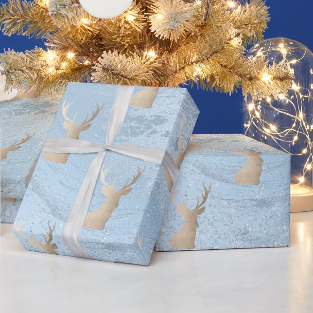 Papier Cadeau Elégant motif moderne or & bleu cerf de Noël (Vacances)