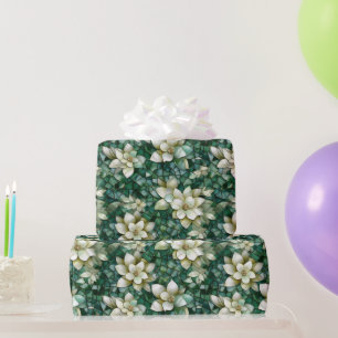 Papier Cadeau Élégant motif mosaïque de fleurs vertes et crème