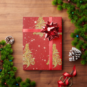 Papier Cadeau Élégant Motif or & rouge sapin de Noël