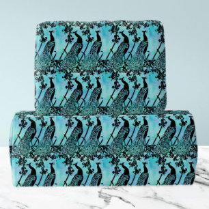 Papier Cadeau Élégant Motif Peacock Turquoise et noir