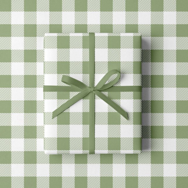 Papier Cadeau Élégant Motif Plaid Vert Sage (Sage Green White Plaid Pattern Wrapping Paper)