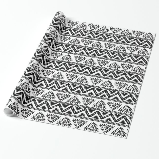 Papier Cadeau Élégant Motif tribal noir et blanc (Déroulé)