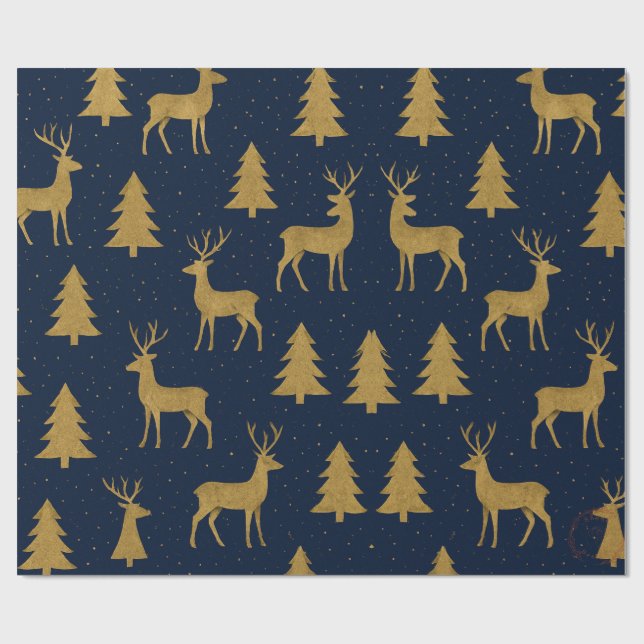 Papier Cadeau Elegant Navy & Gold Reindeer Christmas Wrapping Pa (Plat)