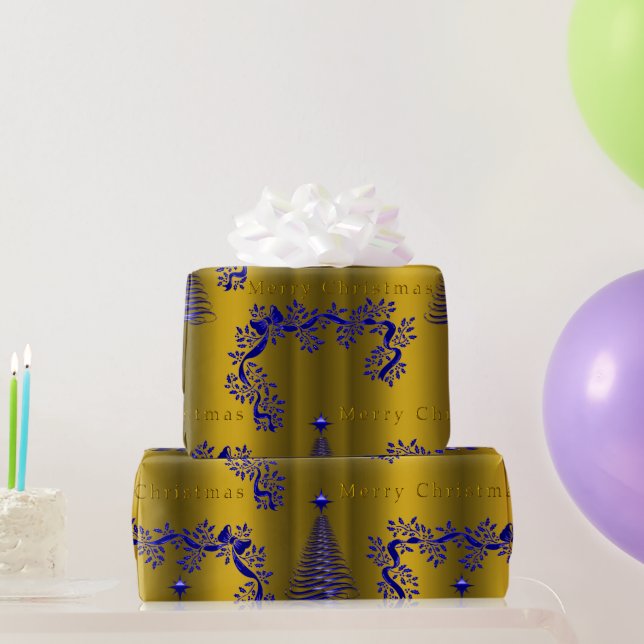 Papier Cadeau Élégant Noël bleu et or (Cadeaux de fête)