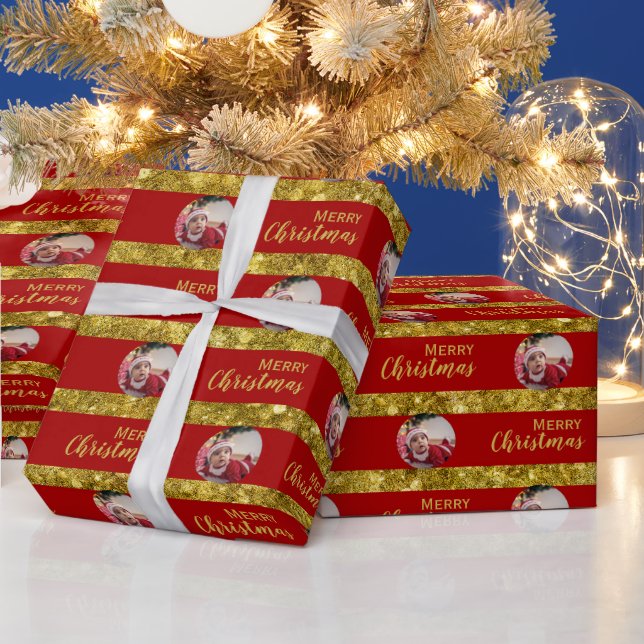 Papier Cadeau Élégant Noël Rouge & Gold Stripes Baby Photo (Vacances)