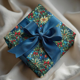 Papier Cadeau Élégant nœud coquette de Noël bleu vitrail