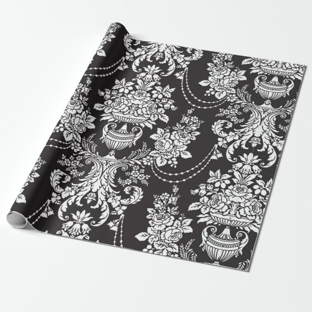 Papier Cadeau Elégant noir blanc Damas (Déroulé)