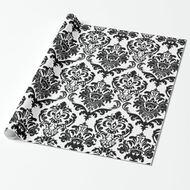 Papier Cadeau Élégant noir & blanc Motif de Damas Florales (Déroulé)