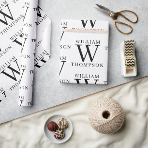 Papier Cadeau Élégant Noir & Blanc Nom Monogramme