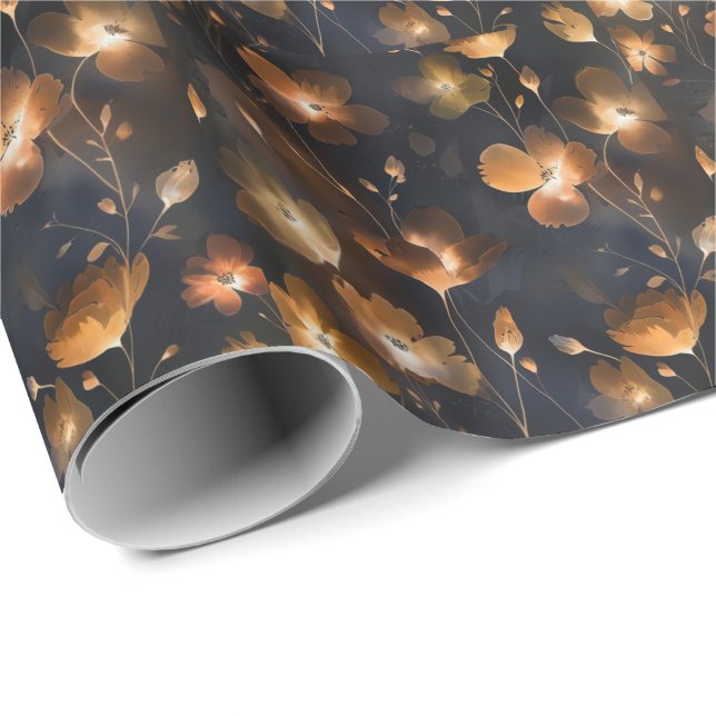 Papier Cadeau Élégant noir cuivre cuivré terre cuite floral (Coin rond)