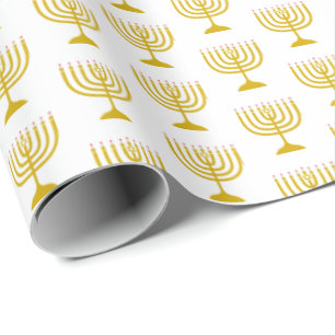 Papier Cadeau Elégant or blanc   HANOUKKA   MENORAH