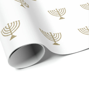 Papier Cadeau Elégant or blanc menorah juive motif moderne