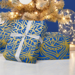 Papier Cadeau Elégant or et Motif bleu Mandala