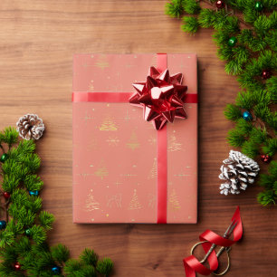 Papier Cadeau Elégant or et terre cuite Doodles sapins de Noël