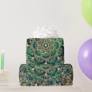 Papier Cadeau Elégant or Mandala Floral Vert bleu