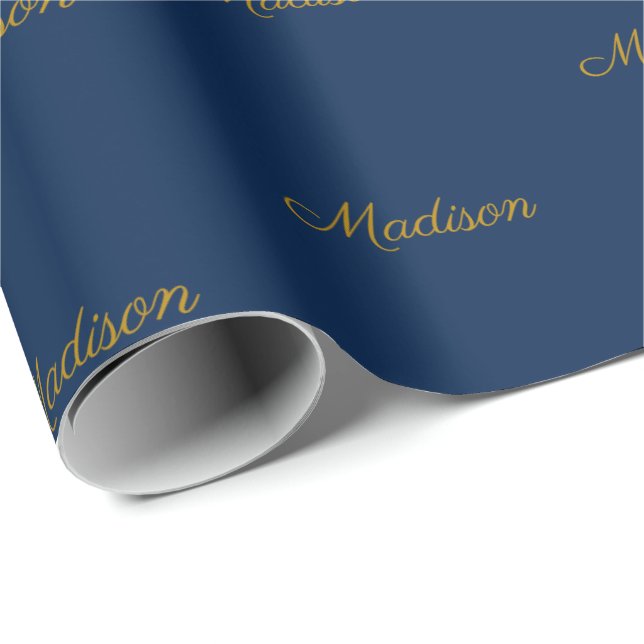 Papier Cadeau Elégant or marine bleu de script personnalisé nom  (Coin rond)