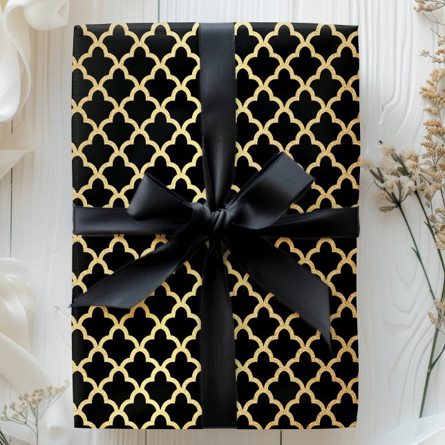 Papier Cadeau Elégant Or Moderne Foil Marocain Trellis Noir (Créateur téléchargé)