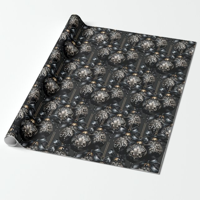 Papier Cadeau Élégant or noir baubles luxe Noël (Déroulé)