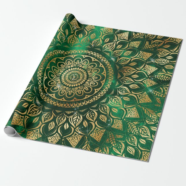 Papier Cadeau Élégant or vert Mandala Floral (Déroulé)