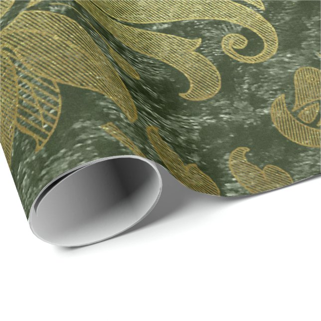 Papier Cadeau Élégant or vert royal damask motif floral (Coin rond)