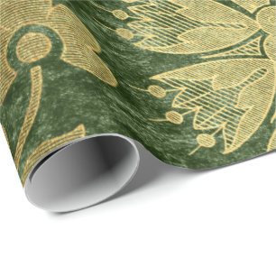 Papier Cadeau Élégant or vert royal damask motif floral