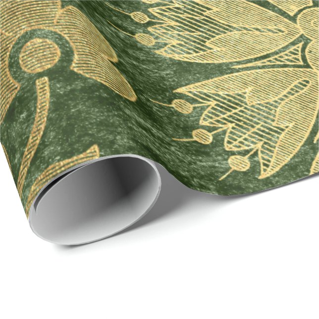 Papier Cadeau Élégant or vert royal damask motif floral (Coin rond)