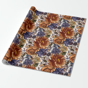 Papier Cadeau Élégant orange brûlé bleu marine automne floral 