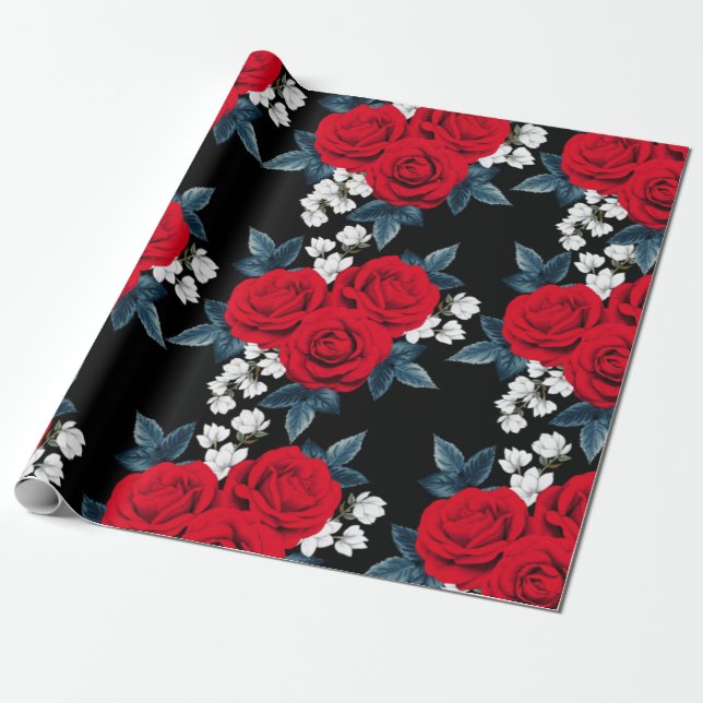 Papier Cadeau Élégant papier d'enveloppement de rose rouge (Déroulé)