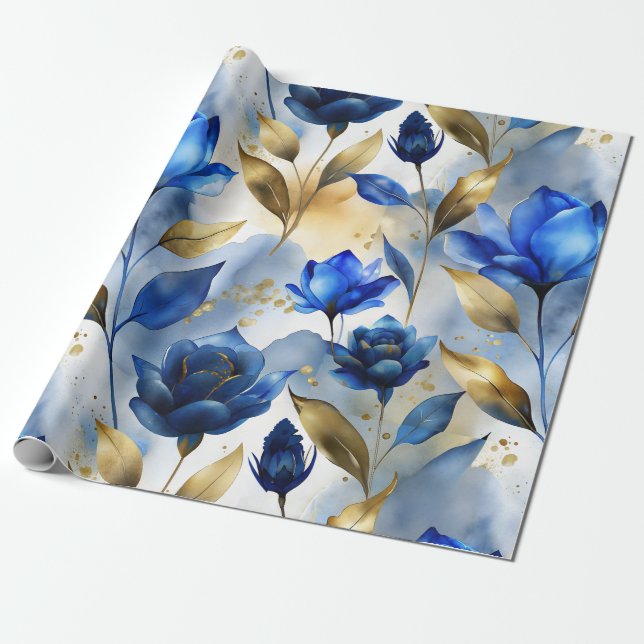 Papier Cadeau Élégant papier d'enveloppement floral bleu (Déroulé)