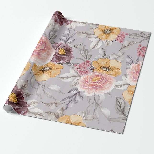 Papier Cadeau Élégant papier d'enveloppement moderne rose floral (Déroulé)