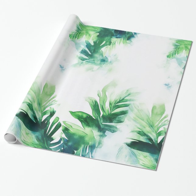 Papier Cadeau Élégant papier vert feuilleté tropicale (Déroulé)