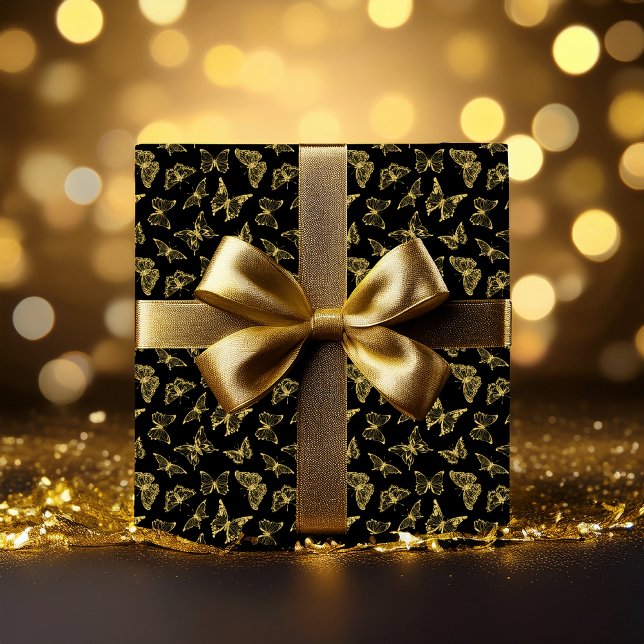 Papier Cadeau Élégant Papillons de Parties scintillant en or Fau (Elegant Black and Faux Gold Glitter Butterflies Pattern Wrapping Paper)