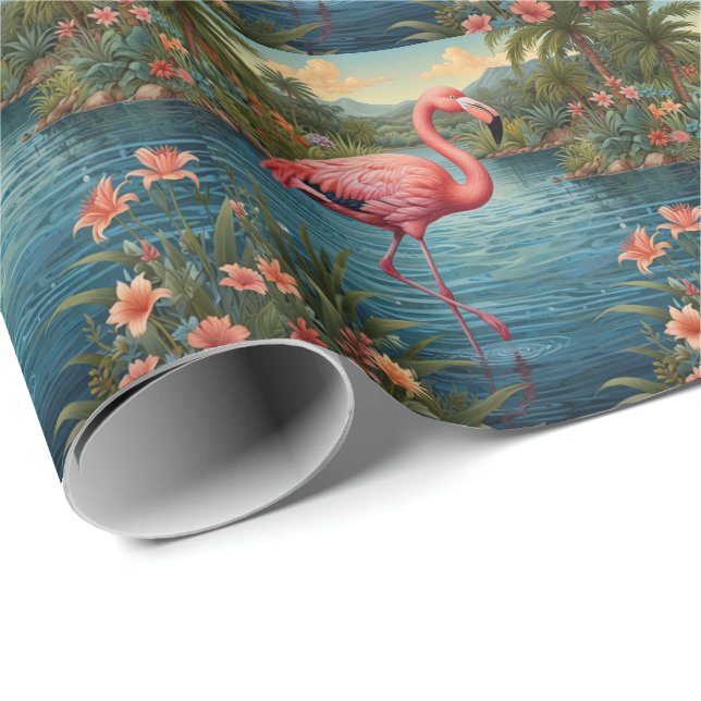 Papier Cadeau Élégant paradis tropical flamand rose (Coin rond)