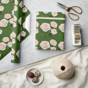 Papier Cadeau Elégant peachant rose rose blanche roses vert