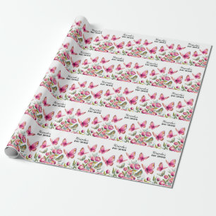 Papier Cadeau Elégant Peony rose et papillons Baby shower fille