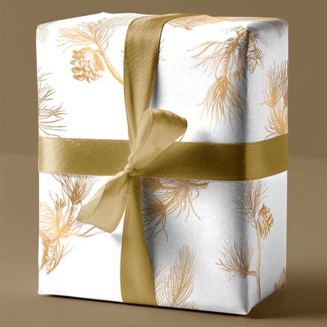 Papier Cadeau Élégant Pin d'hiver d'or gravé (Créateur téléchargé)