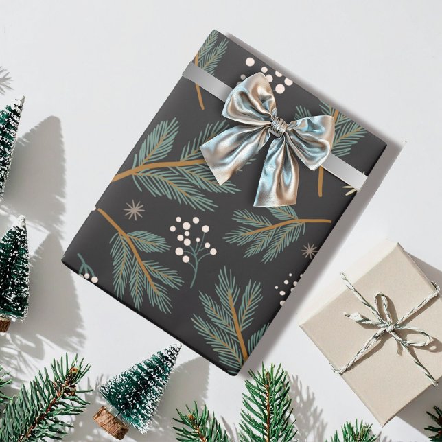 Papier Cadeau Elegant Pine Branch Christmas Black  (Créateur téléchargé)