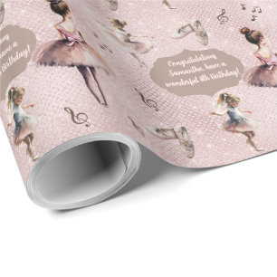 Papier Cadeau Elégant Pink Silver Nom Age Texte Ballet Tutu
