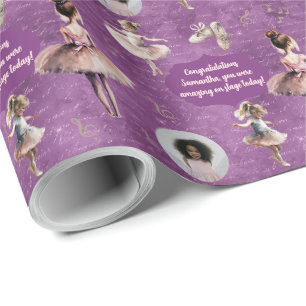 Papier Cadeau Elégant Pink Silver Nom Texte Photo Ballet Tutu