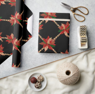 Papier Cadeau Élégant Poinsettia & Gold Ribbon Enveloppement de 