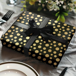 Papier Cadeau Elégant Pois de Faux Gold Moderne sur Black