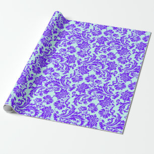 Papier Cadeau Élégant pourpre et bleu clair Damas floraux