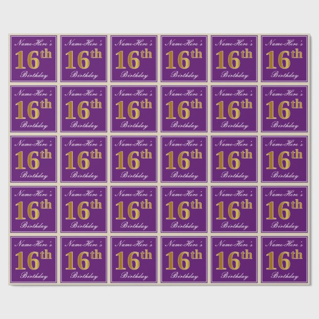 Papier Cadeau Elégant, pourpre, Faux Gold 16ème anniversaire + N (Plat)