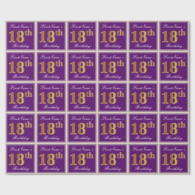 Papier Cadeau Elégant, pourpre, Faux Gold 18ème anniversaire + N (Plat)