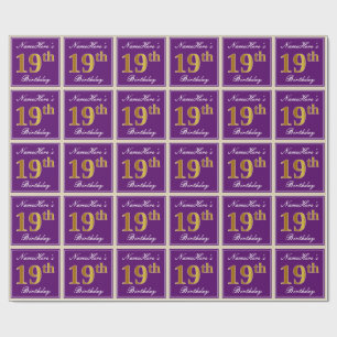 Papier Cadeau Elégant, pourpre, Faux Gold 19e anniversaire + Nom