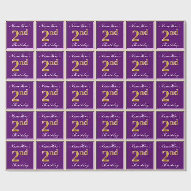 Papier Cadeau Élégant, pourpre, Faux Gold 2e anniversaire + nom (Plat)